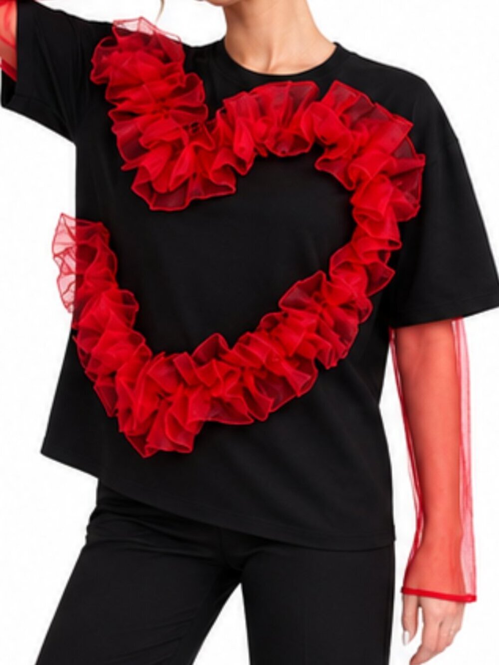 Heart Ruffle Red Attaché Tee Solid Black - Picture 2 of 6